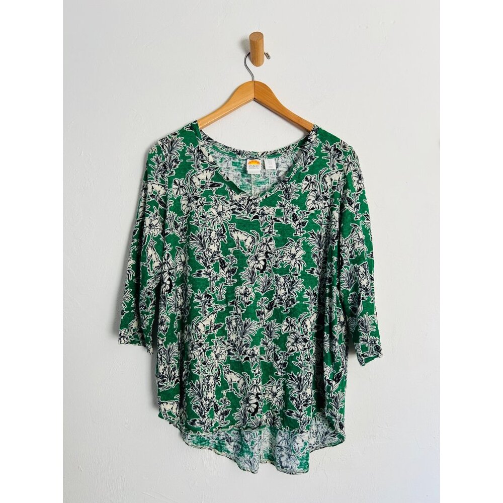 C&C California Womens  Size 1x 100% Linen Green Tropical Print shirt